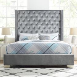 New Gray Velvet King Bed 