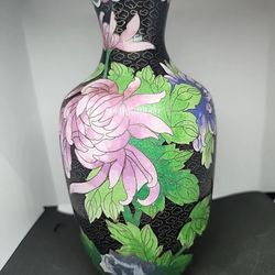 Chinese Cloisonne Enameled Vase; Black Cloud with Multi-color Flowers