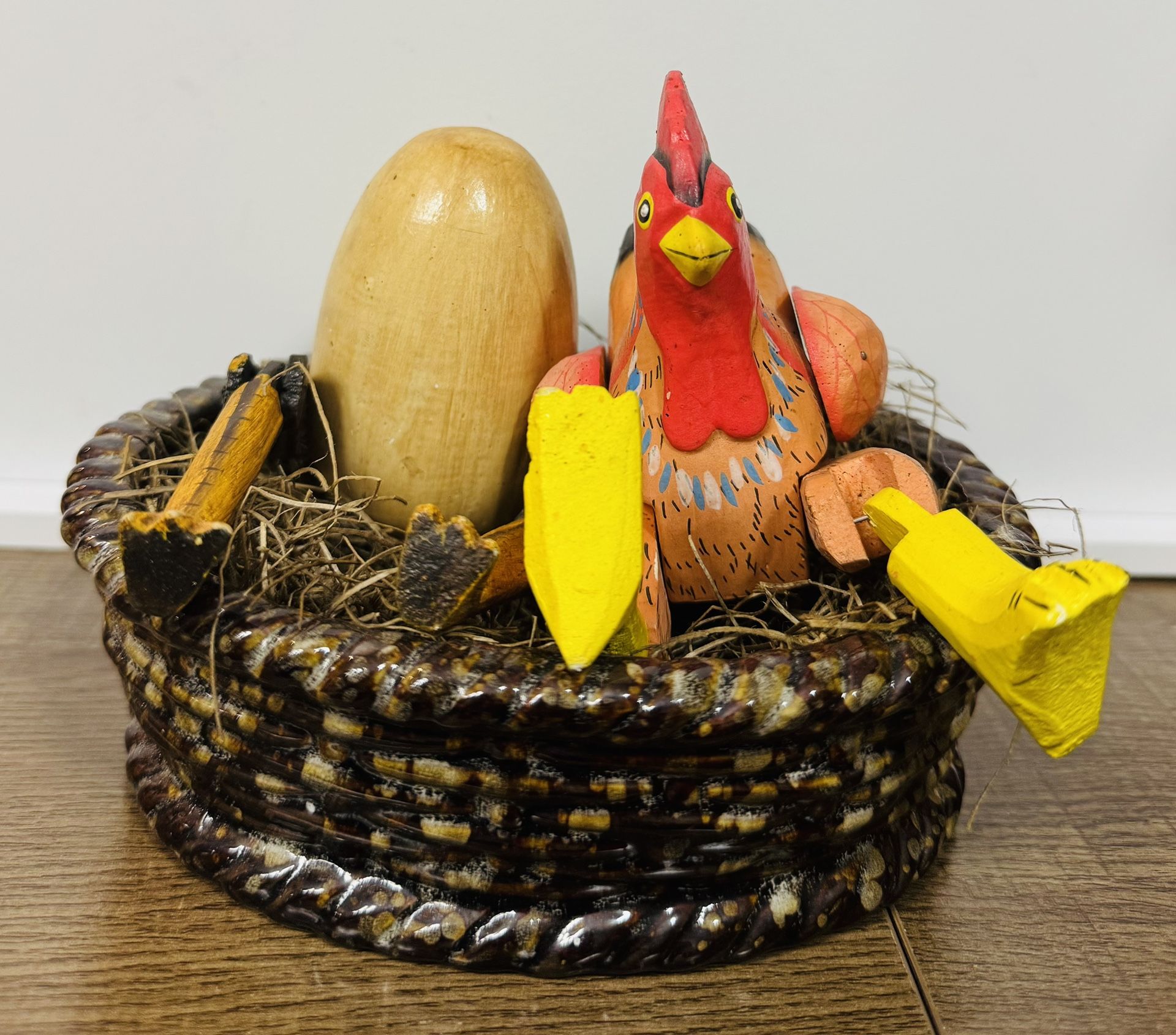 Rooster Chicken & Egg Wooden Hand Painted - Jointed Legs - Articulated - $5 for the Set of Figurines & Nest