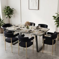 7 Piece- Grey Marble Wood Dining Table With 6 Black Boucle Chairs 