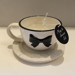 New ceramic mug & saucer set with 3 d black bow design. Coffee/ tea/ kitchen / cottage/ country.
