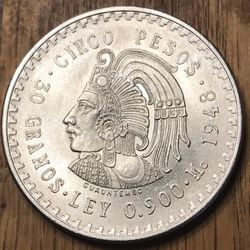 1948 Cinco Pesos Silver Mexican Coin