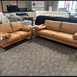 Modern Camel Faux Leather Sofa Set 