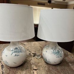 Two Asian Oriental Style Lamps White With Light  Blue Approximately 20.75 Inches Tall And The Diameter Of The Shade Is 12 Inches. $35 For The Pair 