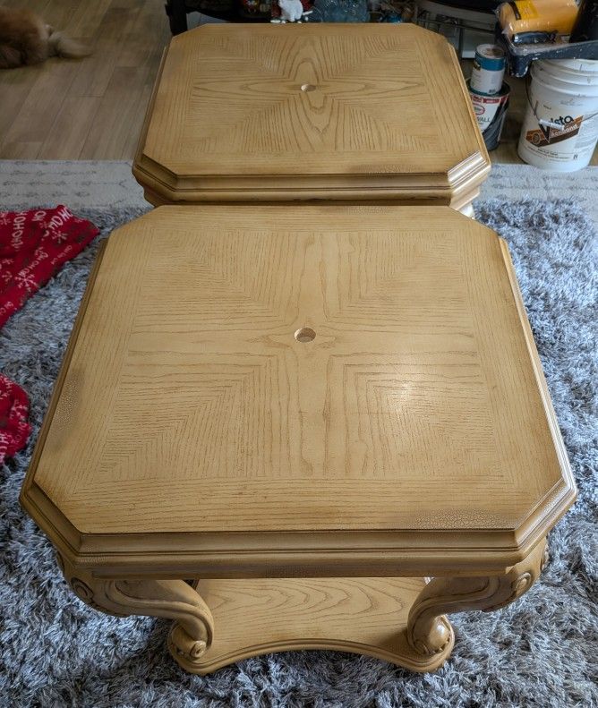 Beautiful Set Of Two Ornate Side/ End Tables With Bottom Shelves.