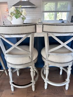 2 Frontgate bar stools in beige linen