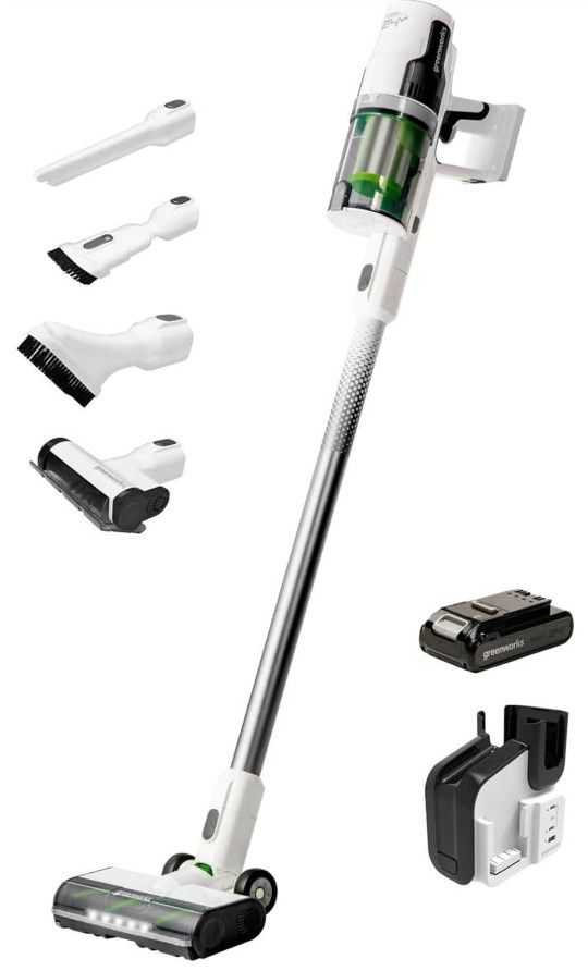 Greenworks Cordless Stick Vacuum Cleaner with 24V (500W) Brushless Motor, Ultra-Lightweight, with LED Lights, 4Ah USB-C Battery