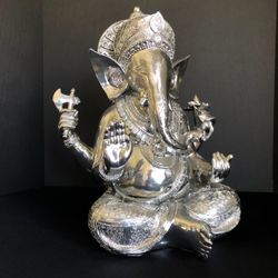 Silver Ganesha Statue Four-Armed Seated Figurine