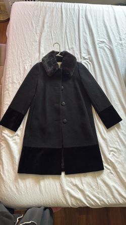 Kate Spade Faux Fur Collar Velvet Trim Wool Blend Coat Black