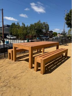 Outdoor Cedar Table + 2 Benches – Brand New & Stained