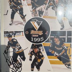 This is a 1995 Pittsburgh Penguins Photo File card featuring multiple players.  Ron Francis, Ken Wreggett, Jaromir Jagr, Kevin Stevens, Ulf Samuelsson