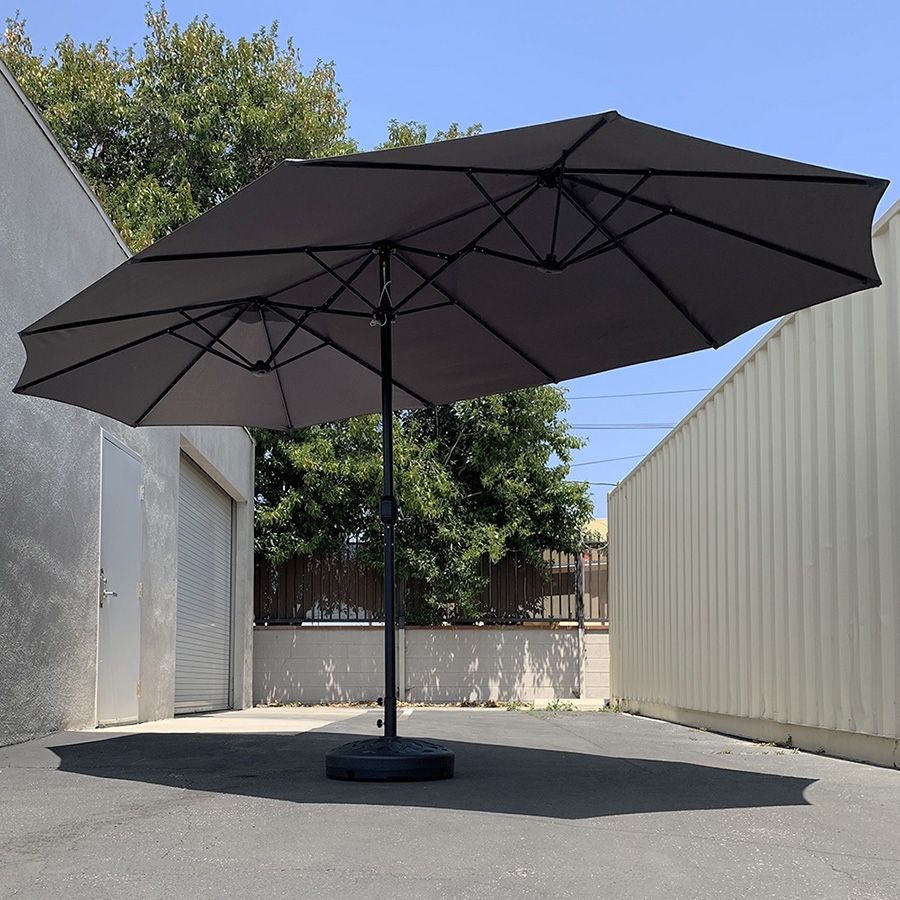 (NEW) $130 Large 15FT Double Sided Outdoor Umbrella w/ 65 LBS Plastic Weight Base (Red/Gray) 