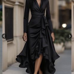 Women's Wrap V-Neck Maxi Dress, Long Sleeve Ruffled High-Low Dresses, Formal Evening Party Dress for Spring & Fall
