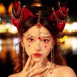 Cute Red and Black Fox Ear Headband with Gold Chains and Charms – Perfect for Cosplay and Party Accessories