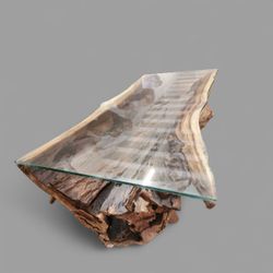 Reclaimed Monkey Pod Unique Style Live Edge Glass Top Coffee Table 