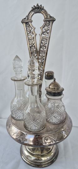 Antique Victorian Silver Plated Rotating Cruet Castor Cut Glass Tableware Service Set