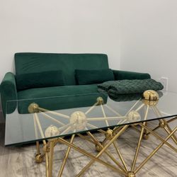 Sofa bed green velvet and gold coffee table 