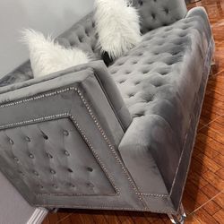 Grey Velvet Tufted Sofa Loveseat Set Nailhead Trim Accent Acrylic Legs Fur Pillows Included Brand New In Box Firm Price $1,140