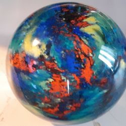Large Glass Paperweight With Makers Label Abstract Colorful Pattern
