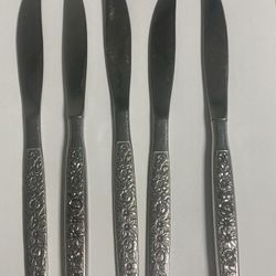 Vintage Oneida Malibu Butter Knives – Set of 5 – Floral Pattern – Silverplate Flatware