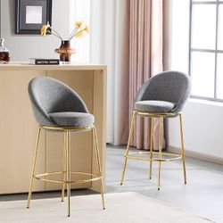 Set of 2 Indoor Metal Upholstered Barstool Gold-Plated Frame and Mixed Gray Upholstery 
