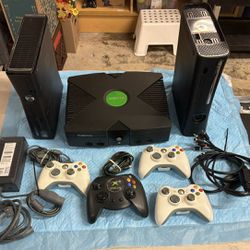 2 Xbox 360 1 Xbox Original Consoles W/ 4 Controllers AS IS