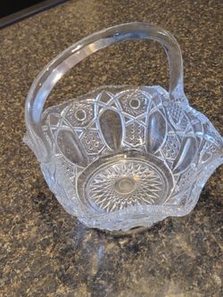 Octagon glass basket with handle (crystal?)
