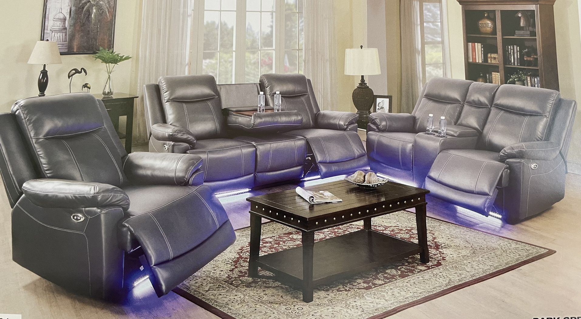 Power Electric Grey Leather Fully Reclining Three Piece Couch Set