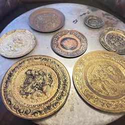 Hammered Brass Hanging Pub Style Wall Plates.