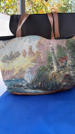Tapestry Tote Bag with Leather Handles