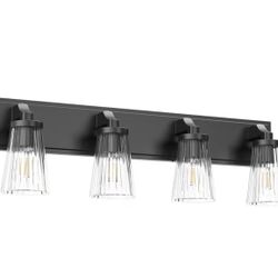 Black Bathroom Vanity Light, 4 Light Bathroom Light Fixtures with Grooved Glass Shade, Matte Black Vanity Lights for Bathroom, Lighting Fixtures Over 