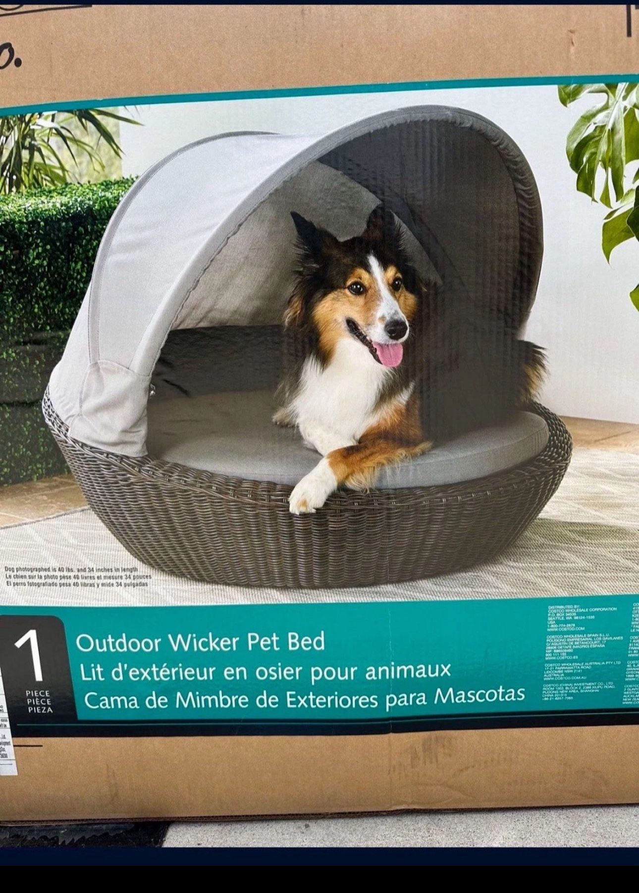 Large Outdoor Wicker Pet Bed w/Sunbrella Cushion & Retractable Sunshade - 3 Ft X 3 Ft - Retail Is $496 With Tax - NEW In Box