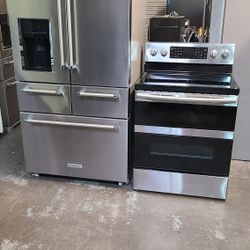 Refrigerator Kitchenaid 5 Door,  Stove Electric And Microwave In Stainless Steel Combo Delevery 