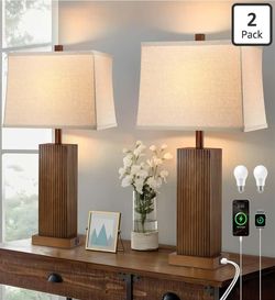 Set of 2 27.5" Solid Wood Table Lamps Walnut w/ USB-C & USB Ports + Bulbs