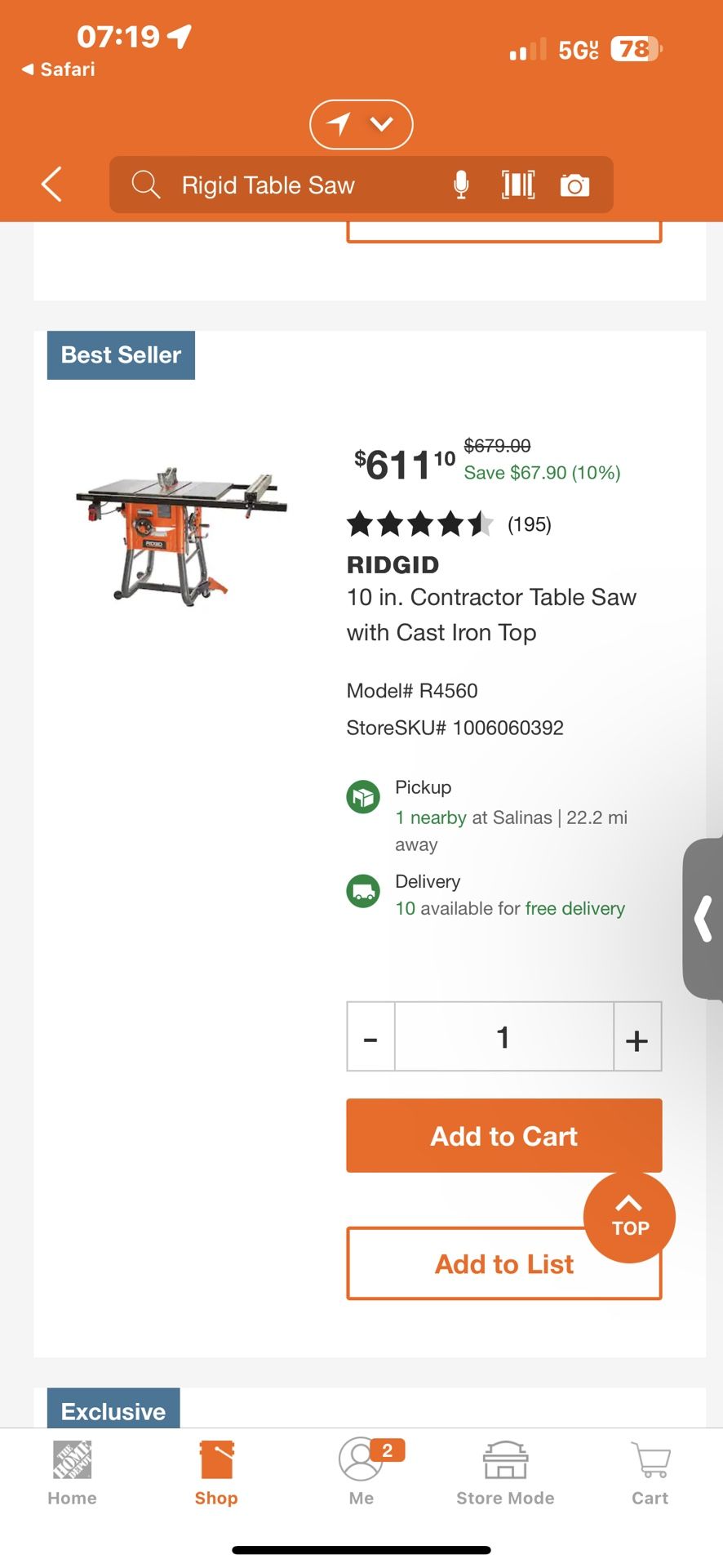 Ridgid 10 in. Contractor Table Saw with Cast Iron Top