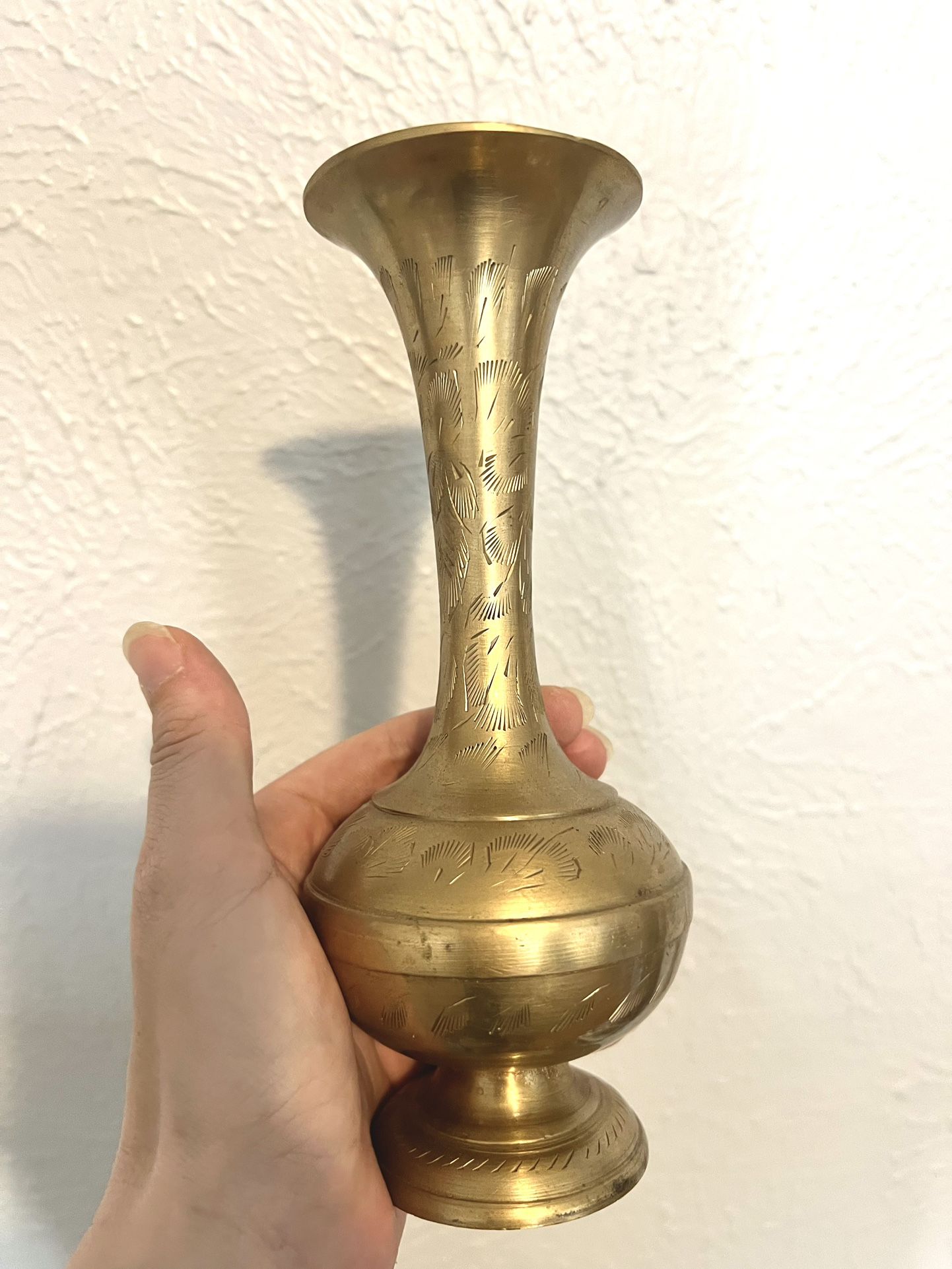 Amazing Condition: Vintage Mid Century Etched Brass Vase, made in India, 9” tall