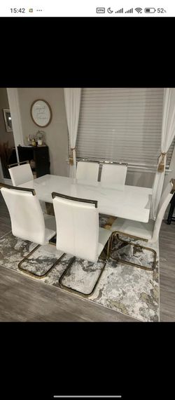 Modern White & Gold Dining Table Set with 6 Chairs
