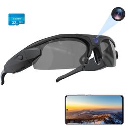WiFi Camera Sunglasses, 4K Video Glasses HD 1080P with Polarized UV 400 Lenses for Cycling, Camping, Driving, Traveling (32GB Card Included)
