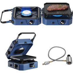 2 Burner Propane Camping Stove with Grill, Foldable Camp Stove with 16,000 BUT, Two Adjustable Burners with Piezo Ignition & Easy Carrying Handle, Por