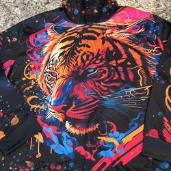 4XL Mens Native American Tiger Neon Bright Sweatshirt  All Over Print Plus Long Sleeve Shirt Tribal Graphic Back & Front NEW WITHOUT TAGS  