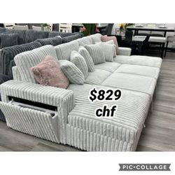 SILVER Corduroy U-Shaped Pull Out Sectional Sofa w/ Storage Chaises w/ USB + Pillows