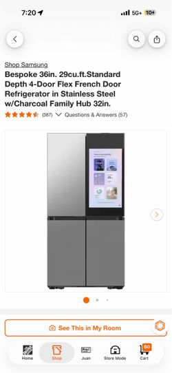 SAMSUM Bespoke 36in. 29cu.ft.Standard Depth 4-Door Flex French Door Refrigerator in Stainless Steel w/Charcoal Family Hub 32in