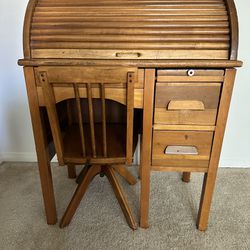 Child’s Antique Wooden Roll-Top Desk And Chair
