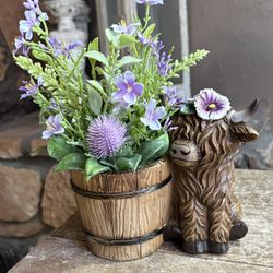 Ht-8.5in Width-9in HANDMADE artificial Purple Floral In A Cow Planter