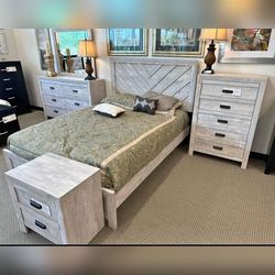 4PC Rustic gray bedroom set king Queen bed frane with dresser mirror night stand