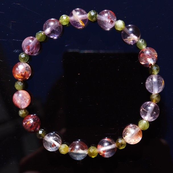 Super 7 Amethyst + Green Tourmaline Crystal Bracelet • Realignment for the Soul, Heart • Luck Attraction