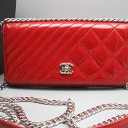 Authentic Chanel Red Patent Leather CC Logo Boy Bag Wallet