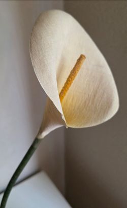 Vintage handcrafted corn husk calla lilies on boho rattan basket vase