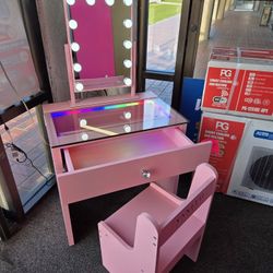 Brand New Kids Vanity Set W Mirror, Desk With Light Inside RGB & Stool $349