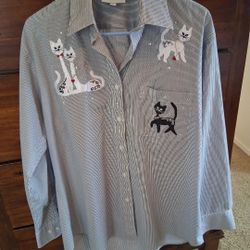 Vintage Las Olas Women's Collared Kitty Patch Button Down Shirt Sz M 